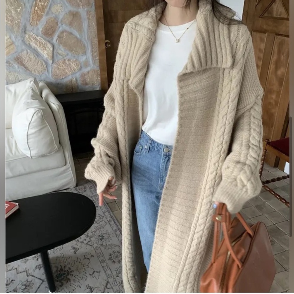 148. Maxi COST 🛑oversized Tan beige Cardigan Sweater Chunky Long Cable Duster - Picture 7 of 12
